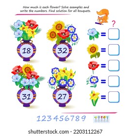 Mathematische Logik Rätsel Spiel für intelligenteste. Wie viel kostet jede Blume? Lösen Sie Beispiele und schreiben Sie die Zahlen. Finden Sie eine Lösung für alle Bouquets. Hirnteaser-Buch. Zähle und spiele. Online-Bildung.