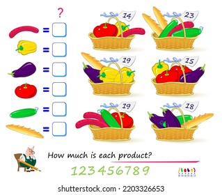 Mathematical logic puzzle game for smartest. How much is each product? Solve examples and write the numbers. Find solution for all baskets. Brain teaser book. Count and play. Online education.