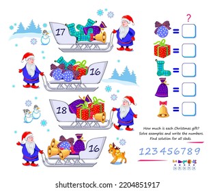 Mathematical Logic Puzzle Game For Smartest. How Much Is Each Christmas Gift? Solve Examples And Write The Numbers. Find Solution For All Sleds. Brain Teaser Book. Count And Play. Online Education.