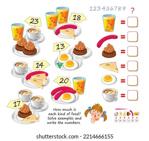 Mathematical logic puzzle game for smartest. How much is each kind of food? Solve examples and write the numbers. Find solution for all dishes. Brain teaser book. Count and play. Online education.