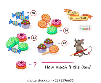 Mathematical logic puzzle game for smartest. How much is the bun? Solve examples and write the number. Find solution for all sweets. Brain teaser book. Count and play. Online education. Vector image.