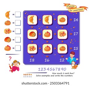 Mathematical logic puzzle game for smartest. How much is each bun? Solve examples and write the numbers. Find solution for all equations. Brain teaser book. Count and play. Educational vector page.