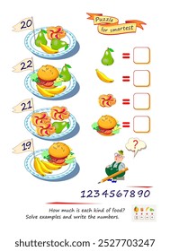 Mathematical logic puzzle game for smartest. How much is each kind of food? Solve examples and write the numbers. Find solution for all dishes. Brain teaser book. Count and play. Vector illustration.