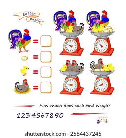 Mathematical logic puzzle game for smartest. How much does each bird weigh? Solve examples and write the numbers. Find solution for all scales. Brain teaser book. Count and play. Vector illustration.