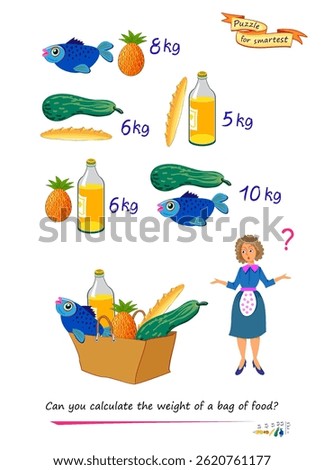 Mathematical logic puzzle game for smartest. Can you calculate the weight of a bag of food? Printable page for kids brain teaser book. Count and play. Flat vector illustration.