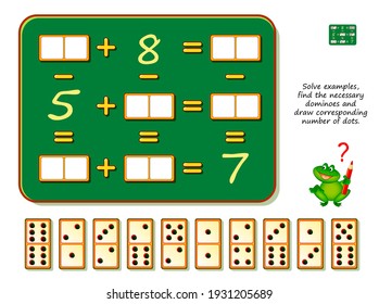 Mathematical logic puzzle game. Solve examples, find the necessary dominoes and draw corresponding number of dots. Brain teaser book. Math exercises on addition and subtraction. Play online.