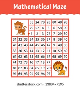 Mathematical maze. Game for kids. Funny labyrinth. Education developing worksheet. Activity page. Puzzle for children. Cartoon style. Riddle for preschool. Logical conundrum. Color vector illustration