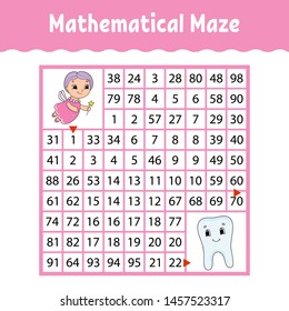 Mathematical maze. Game for kids. Funny labyrinth. Education developing worksheet. Activity page. Puzzle for children. Cartoon style. Riddle for preschool. Color vector illustration