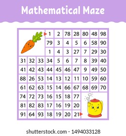 Mathematical maze. Game for kids. Number labyrinth. Education developing worksheet. Activity page. Puzzle for children. Cartoon characters. Riddle for preschool. Color vector illustration