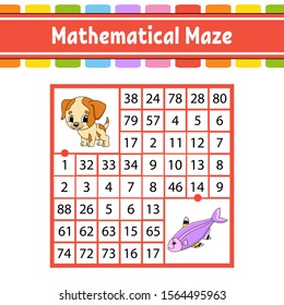 Mathematical maze. Game for kids. Number labyrinth. Education developing worksheet. Activity page. Puzzle for children. Cartoon characters. Riddle for preschool. Color vector illustration