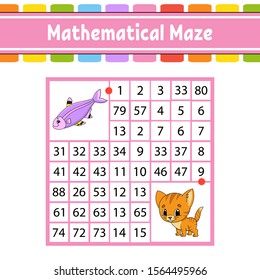 Mathematical maze. Game for kids. Number labyrinth. Education developing worksheet. Activity page. Puzzle for children. Cartoon characters. Riddle for preschool. Color vector illustration