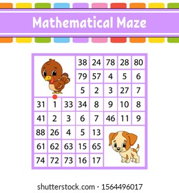 Mathematical maze. Game for kids. Number labyrinth. Education developing worksheet. Activity page. Puzzle for children. Cartoon characters. Riddle for preschool. Color vector illustration