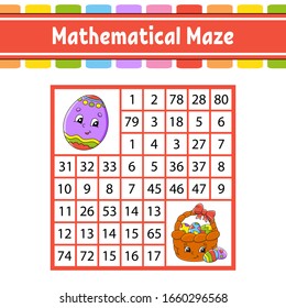 Mathematical maze. Game for kids. Number labyrinth. Education developing worksheet. Activity page. Puzzle for children. Cartoon characters. Easter theme. Color vector illustration