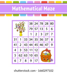 Mathematical maze. Game for kids. Number labyrinth. Education developing worksheet. Activity page. Puzzle for children. Cartoon characters. Easter theme. Color vector illustration