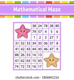 Mathematical maze. Game for kids. Number labyrinth. Education developing worksheet. Activity page. Puzzle for children. Cartoon characters. Riddle for preschool. Color vector illustration