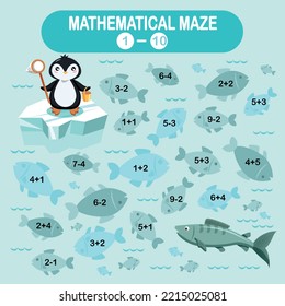 Mathematical maze game for small children. Winter collection. Penguin is fishing