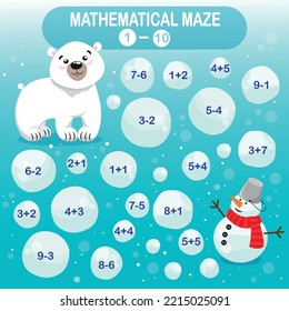 Mathematical Maze. Game For Young Children. Winter Collection. Polar Bear And Snowman