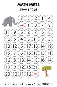 Mathematical maze for kids. Cute cartoon gray elephant and safari tree. Math game for children. Funny labyrinth. Activity page for preschoolers. 