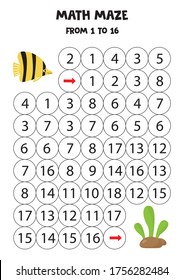 Mathematical maze for kids. Help yellow sea fish to get to the seaweed. Count from 1 to 16. Find the path to the algae.