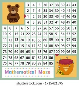 Mathematical maze on the theme of nature, the bear must find the way to the jar of honey by numbers, color vector illustration, for children's education and development, design of children's books