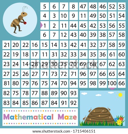 Mathematical maze on the theme of nature, the ant must find the way to the anthill by numbers, color vector illustration, for children's education and development, design of children's books