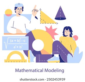 Mathematical Modeling concept. Students engaging with geometric shapes and formulas. Educational environment fostering math skills. Vector illustration.
