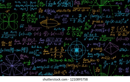 Mathematical multicolored vector seamless background with handwritten formulas, equations, task solutions