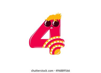 The Mathematical number four with cute cartoon expression. Number 4. Vector illustration for teaching children with an interesting avatar of numbers