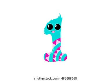 The Mathematical number one with cute cartoon expression. Number 1 . Vector illustration for teaching children with an interesting avatar of numbers