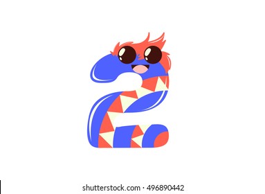 The Mathematical Number two with cute cartoon expression.Number 2 . Vector illustration for teaching children with an interesting avatar of numbers.