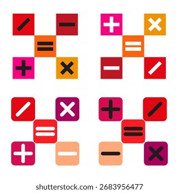 Iconos de operación matemática. Más menos símbolos. Ilustración vectorial colorida. Calculadora de diseño de Botón. EPS 10.