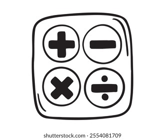 Mathematical operations, divide and multiply, minus and plus doodle hand drawn icon. Outline drawing math symbols line clipart symbol. Vector illustration
