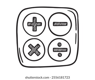 Mathematical operations, divide and multiply, minus and plus doodle hand drawn icon. Outline drawing math symbols line clipart symbol. Vector illustration