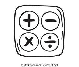 Mathematical operations, divide and multiply, minus and plus doodle hand drawn icon. Outline drawing math symbols line clipart symbol. Vector illustration