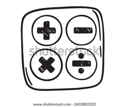 Mathematical operations, divide and multiply, minus and plus doodle hand drawn icon. Outline drawing math symbols line clipart symbol. Vector illustration