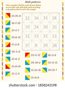 Mathematical patterns. Worksheet. Solve examples. Find the result of each of them on one of the cells of the field, paint according to the pattern that is next to the example