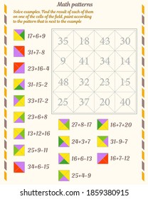 Mathematical patterns. Worksheet. Solve examples. Find the result of each of them on one of the cells of the field, paint according to the pattern that is next to the example