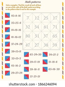 Mathematical patterns. Worksheet. Solve examples. Find the result of each of them on one of the cells of the field, paint according to the pattern that is next to the example