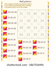 Mathematical patterns. Worksheet. Solve examples. Find the result of each of them on one of the cells of the field, paint according to the pattern that is next to the example