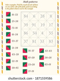 Mathematical Patterns. Worksheet. Solve Examples. Find The Result Of Each Of Them On One Of The Cells Of The Field, Paint According To The Pattern That Is Next To The Example