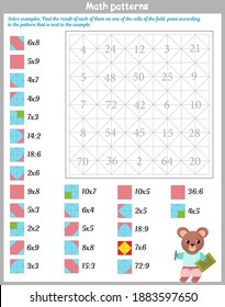 Mathematical patterns. Worksheet. Solve examples. Find the result of each of them on one of the cells of the field, paint according to the pattern that is next to the example