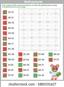 Mathematical patterns. Worksheet. Solve examples. Find the result of each of them on one of the cells of the field, paint according to the pattern that is next to the example