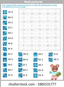 Mathematical patterns. Worksheet. Solve examples. Find the result of each of them on one of the cells of the field, paint according to the pattern that is next to the example