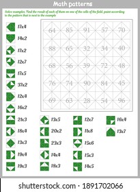 Mathematical patterns. Worksheet. Solve examples. Find the result of each of them on one of the cells of the field, paint according to the pattern that is next to the example