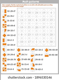 Mathematical patterns. Worksheet. Solve examples. Find the result of each of them on one of the cells of the field, paint according to the pattern that is next to the example