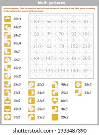 Mathematical patterns. Worksheet. Solve examples. Find the result of each of them on one of the cells of the field, paint according to the pattern that is next to the example