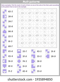 Mathematical patterns. Worksheet. Solve examples. Find the result of each of them on one of the cells of the field, paint according to the pattern that is next to the example