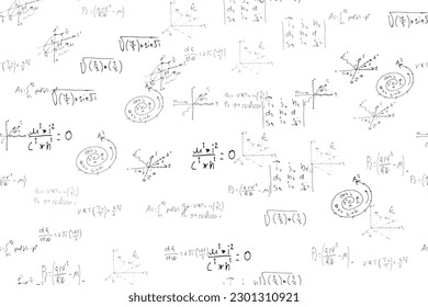 mathematical, physical, algebraic formulas and expressions. The scientific, vector background is hand-drawn on a white board..