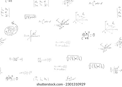 fórmulas y expresiones matemáticas, físicas, algebraicas. El fondo científico vectorial se dibuja a mano en una tabla blanca.