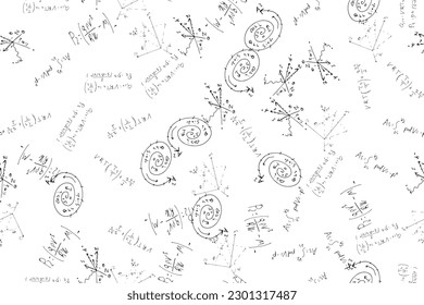 mathematische, physische, algebraische Formeln und Ausdrücke. Der wissenschaftliche, Vektorhintergrund ist handgezeichnet auf einem weißen Brett.